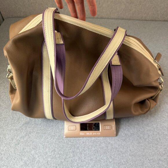 Levenger Taupe Brown Cream Purple Overnight Travel Bag Shoulder Duffel Weekend - Picture 16 of 16